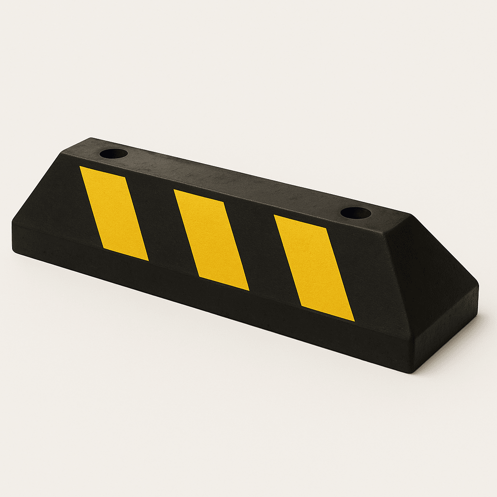 Tope D/ Estacionamiento Vehicular / Hule Reciclado / 55cm / Color Negro con Franjas Amarillas / Resistente y Antideslizante. - Image 2