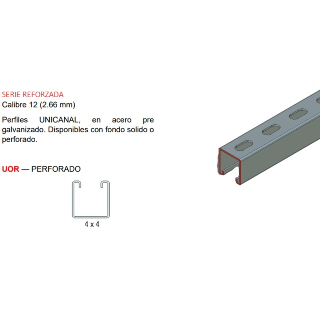 Unicanal Perforado Rojo 4 x 4 cm x 3 m / Calibre 12.