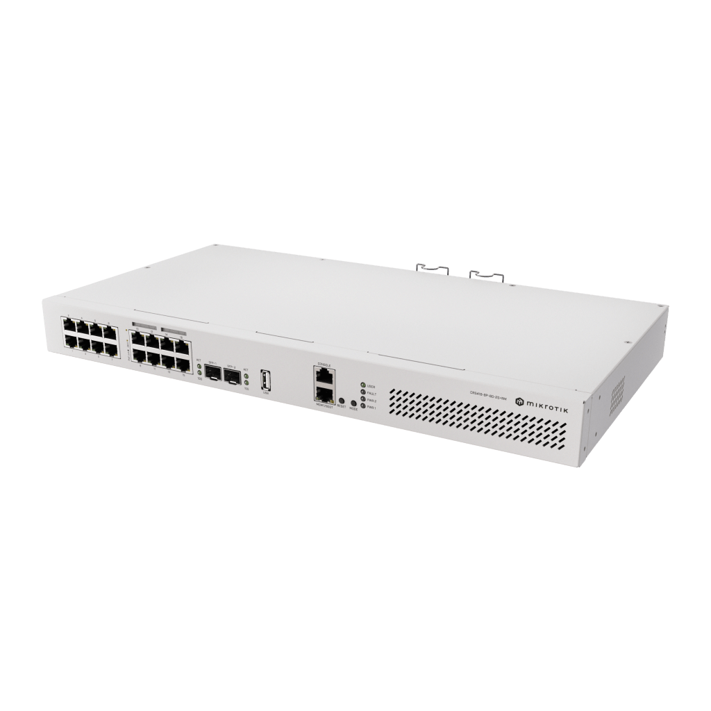 Switch de Red MikroTik CRS418-8P-8G-2S+RM / 17 Puertos Gigabit Ethernet / 8 Puertos PoE-out 802.3af/at / 2 Puertos SFP+ 10G / CPU Quad-Core 2.2 GHz ARM / RouterOS v7 / L3 HW Offloading / Alimentación Dual Redundante / USB 3.0