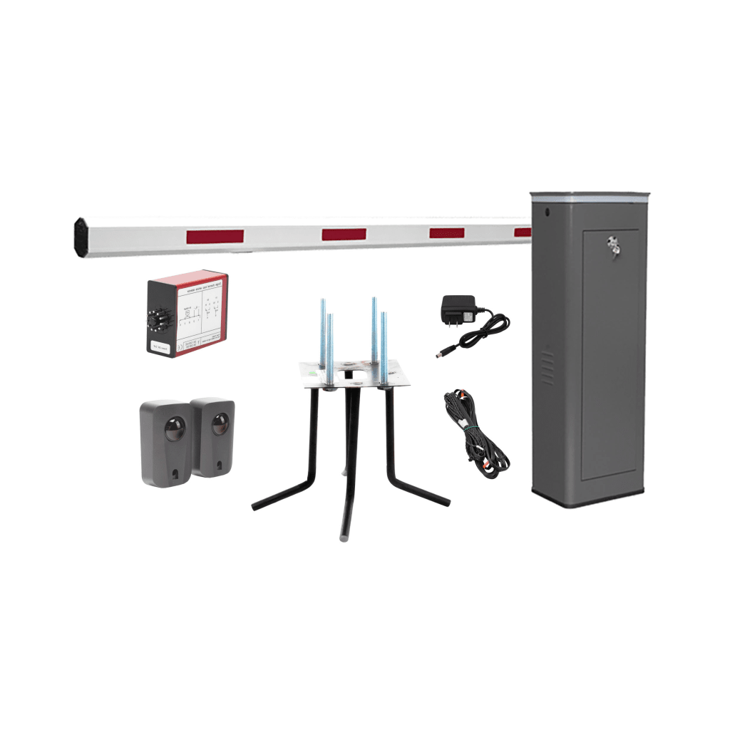 Kit COMPLETO Barrera Izquierda XBS Con Corona LED / Brazo de 5.5 Metros / Incluye Sensor de Masa, Transformador, Lazo Magnético, Ancla, Fotoceldas y 2 Controles Inalámbricos