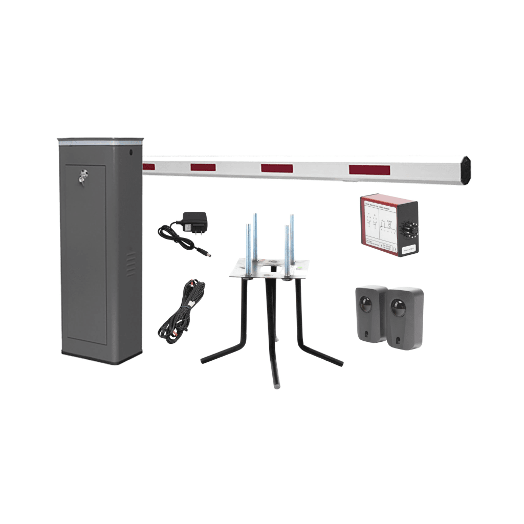 Kit COMPLETO Barrera Derecha XBS Con Corona LED / Brazo de 5.5 Metros / Incluye Sensor de Masa, Transformador, Lazo Magnético, Ancla, Fotoceldas y 2 Controles Inalámbricos