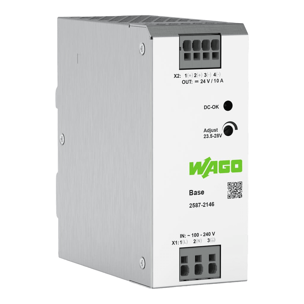 Fuente de Alimentación BASE / 24V DC 10A 240W / Monofásica 100-240V AC / Push-in CAGE CLAMP® / Sincronización Primaria / Autoenfriamiento / Paralelo y Serie / IP20 / Carril DIN