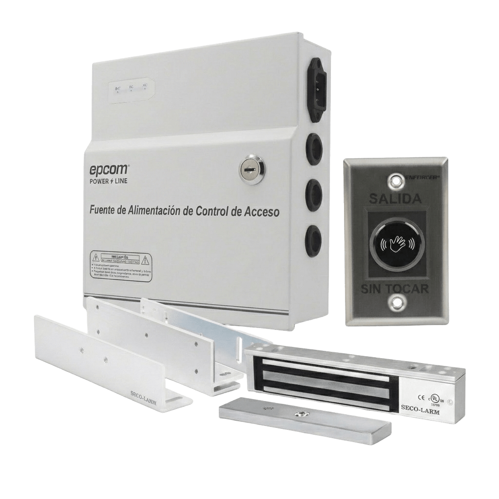 Kit para Control de Acceso Incluye Fuente de 12VCD / Soporta Batería de Respaldo/ Chapa Magnética de 600Lbs / Montajes L y Z / Botón de salida  / Certificación UL y ETL