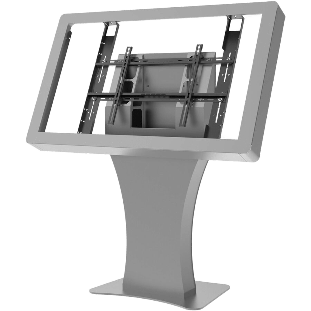 Kiosko Landscape Indoor / Soporte para Pantallas Digitales 55" / Diseño Hourglass Moderno / Base Plana Rectangular / Tray Interno para Componentes / Protección contra Robos / Acabado Powder Coat Premium