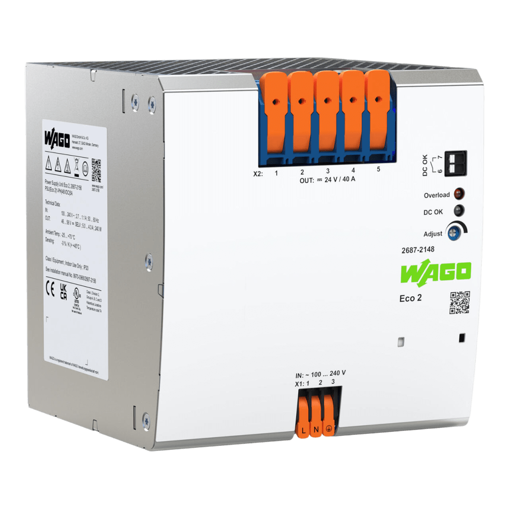 Fuente de Alimentación Eco 2 / Monofásica / 24V DC 40A / PowerBoost 48A / 960W / Contacto DC-OK / Push-in CAGE CLAMP / Carril DIN-35