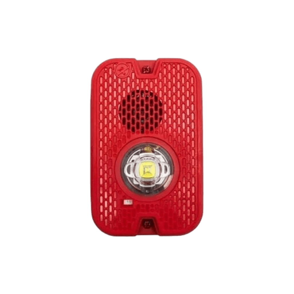 Sirena con Lámpara LED Estroboscópica / 2 Hilos / Montaje en Pared / 16 a 24 Vcd / Configuración Estroboscópica Seleccionable / Texto en Inglés / Color Rojo / Uso exterior