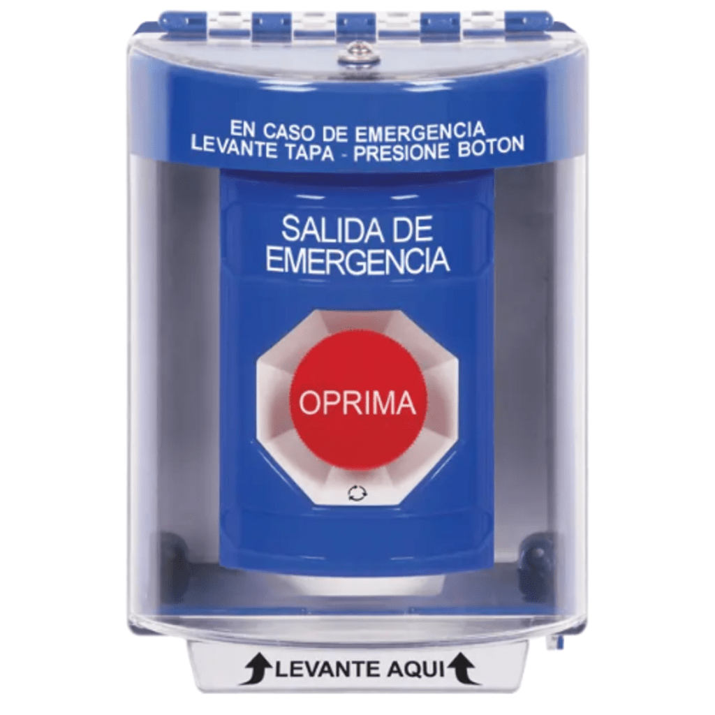 Botón Multipropósito, Color Azul, De Superficie, Con Tapa De Policarbonato, Sin Bocina, Para Interior/Exterior, Llave Para Restablecer, Texto Salida De Emergencia, Español