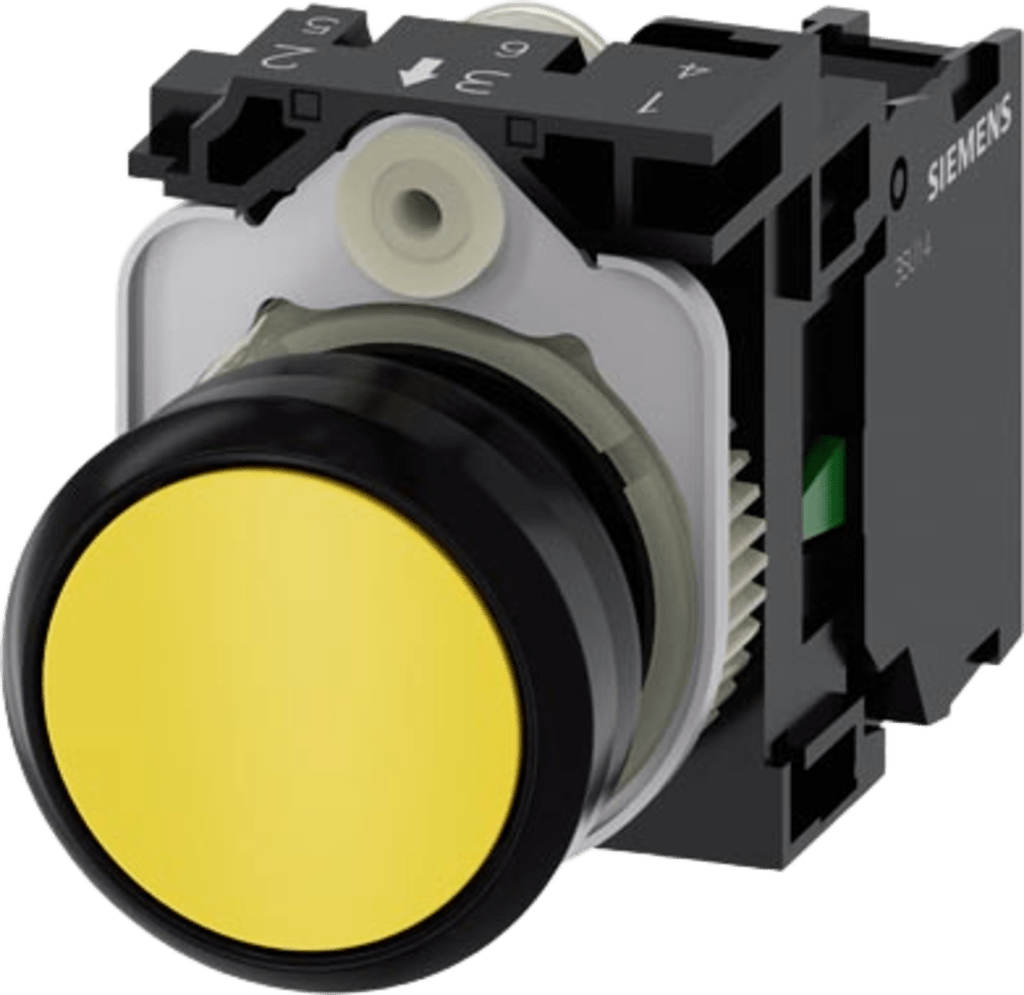 Botón 3SU11000AB301BA0 Sirius 22mm, Color Amarillo, Incluye soporte y contacto Normalmente Abierto.