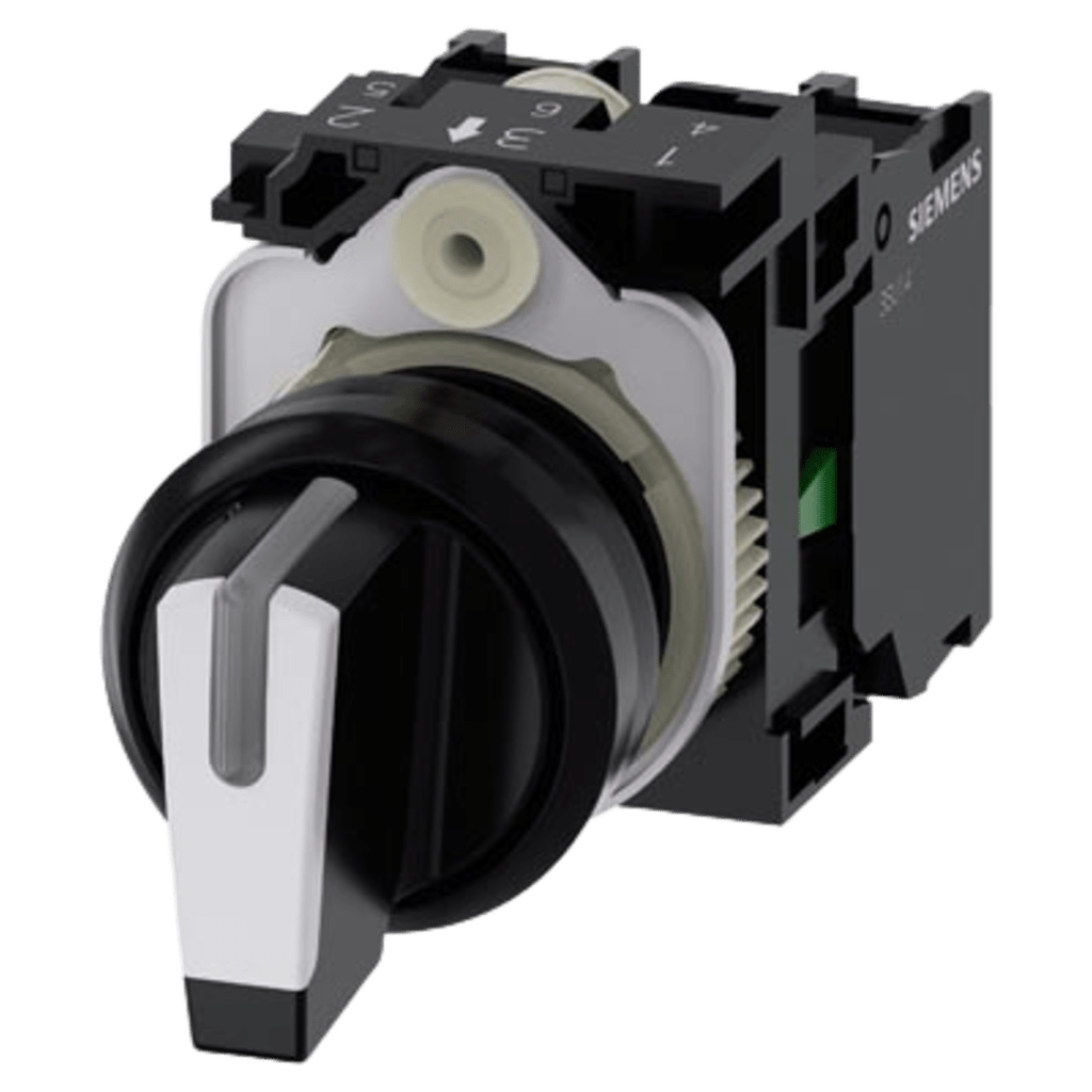 Selector de plástico iluminable 3SU11002BL601NA0, 3 posiciones, color Negro/Blanco, 2 Contactos Abiertos