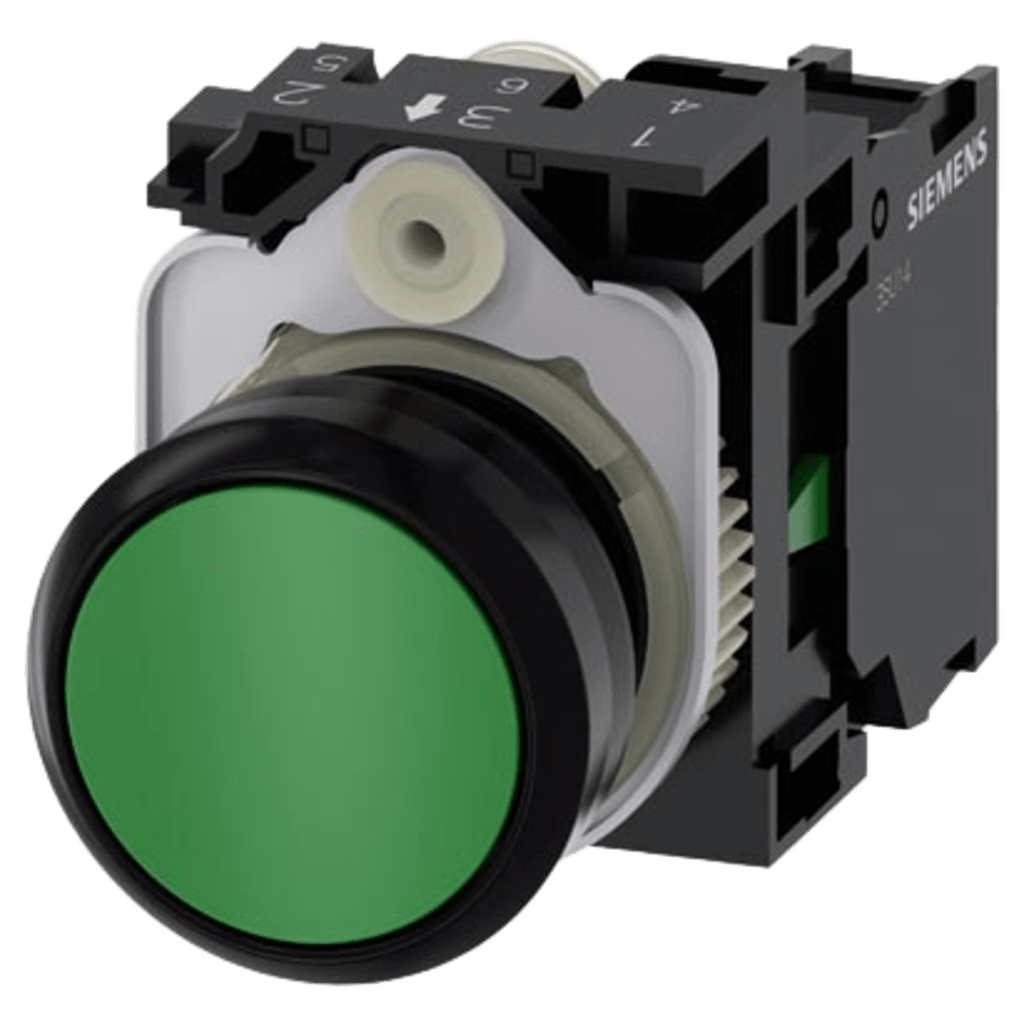 Botón 3SU11000AB401BA0 Sirius 22mm, Color Verde, Incluye soporte y contacto Normalmente Abierto.