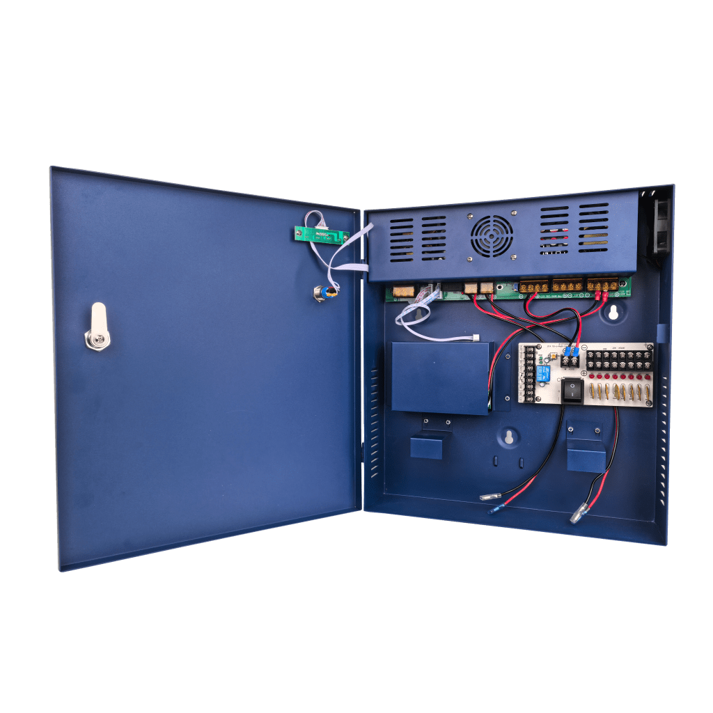 Fuente de poder profesional PoE (Power over Ethernet) de 8 puertos con capacidad total de 360W, diseñada específicamente para sistemas de videovigilancia CCTV y control de acceso.