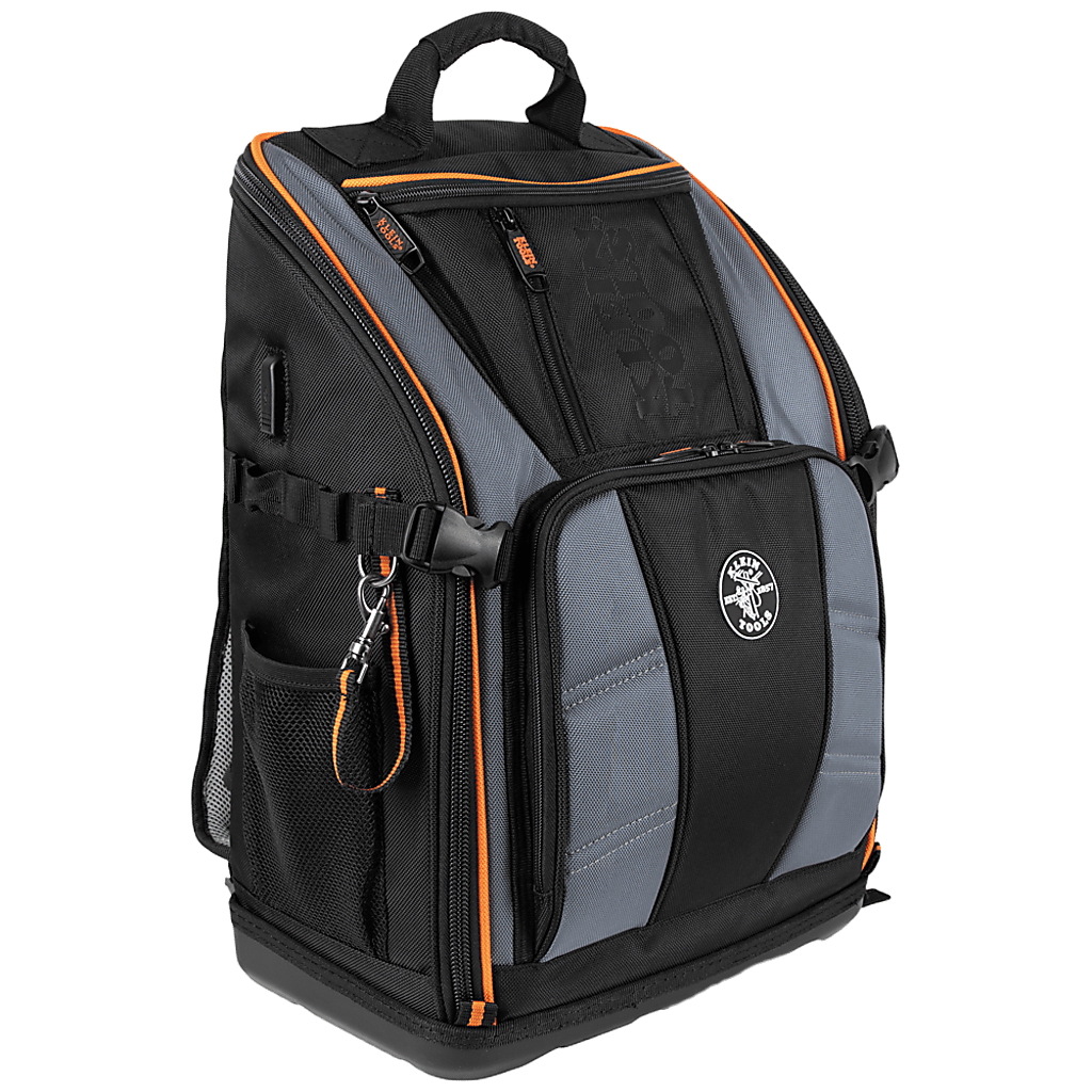 Mochila Profesional para Herramientas / 27 Bolsillos / Acceso Rápido y Estación de Trabajo / Base Moldeada Ancha / Interior Naranja / USB-C / Soporte para Lámpara