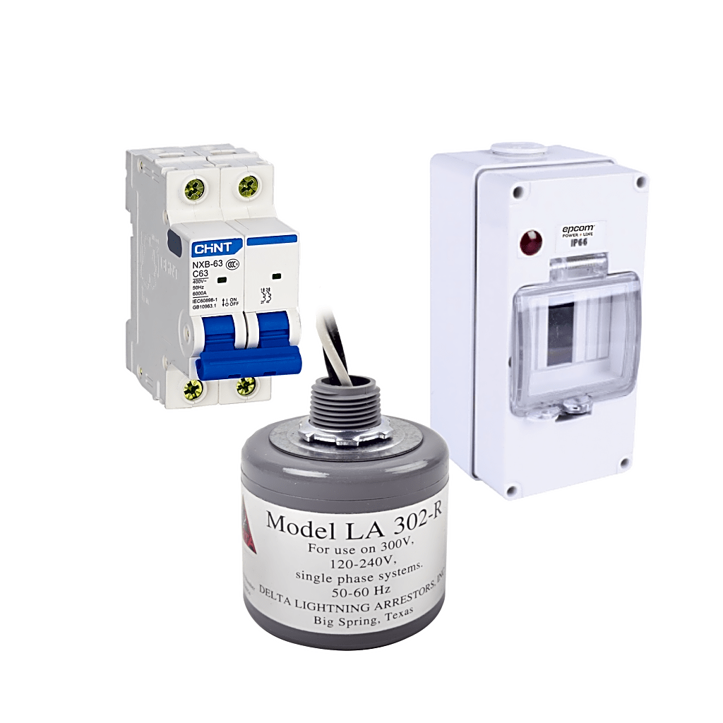 Kit de Centro de Carga Para Corriente Alterna, Breaker de hasta  400 Vca de 63 A con Supresor de Picos Transitorios.