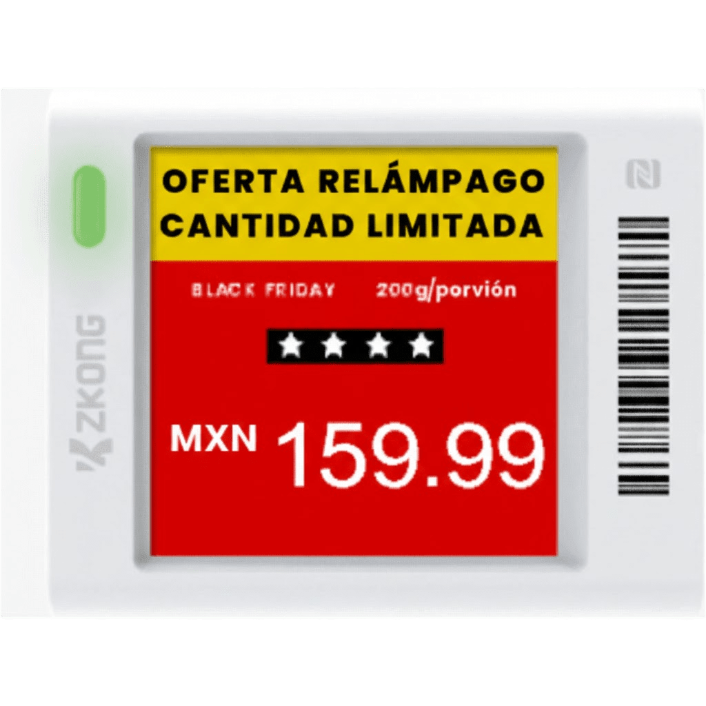 Etiqueta Electrónica de Estantería ESL 1.5" / Pantalla EPD Gráfica Matriz de Puntos 152x152 píxeles / 4 Colores (Negro Blanco Rojo Amarillo) / BLE 5.0 con Encriptación AES-128 / Autonomía 3 Años con 4