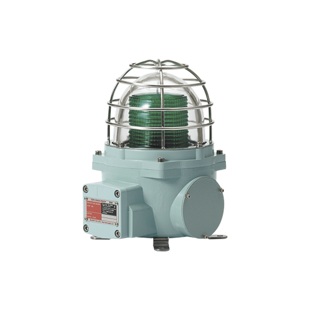 Baliza con luz LED color Verde con patrón de destello fijo o flasheante, ideal para zonas y áreas peligrosas, opera en un rango de 12-24 VCD