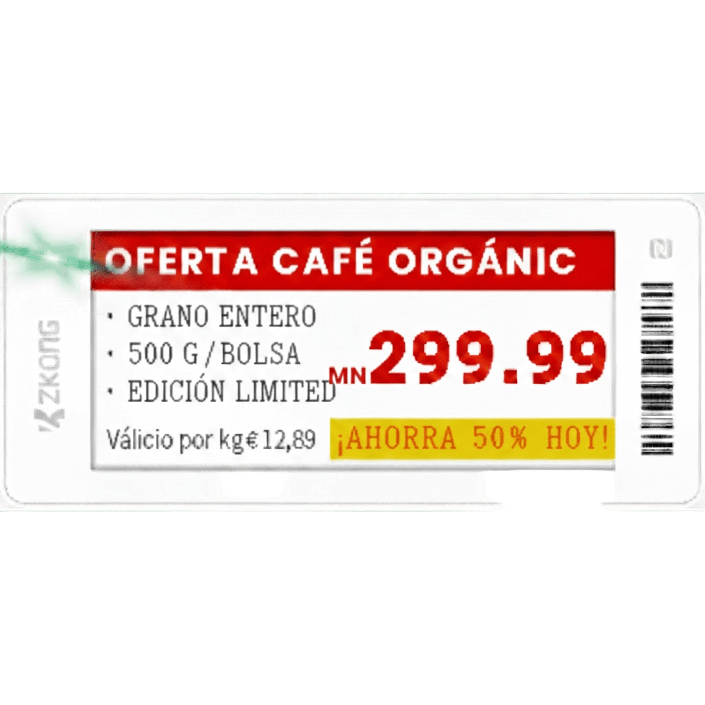 Etiqueta Electrónica de Estantería ZKE29B / Pantalla EPD Gráfica 2.9 Pulgadas / Resolución 296x128 Píxeles / 4 Colores (Negro Blanco Rojo Amarillo) / BLE 5.0 con Encriptación AES-128 / Batería 5 Años