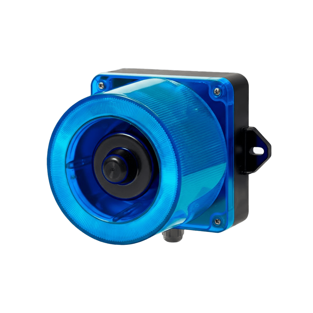 Combinacion de baliza LED color Azul y sirena electrónica de 31 tonos resistente a la intemperie de volumen máx. 123 dB a 12-24 VCD