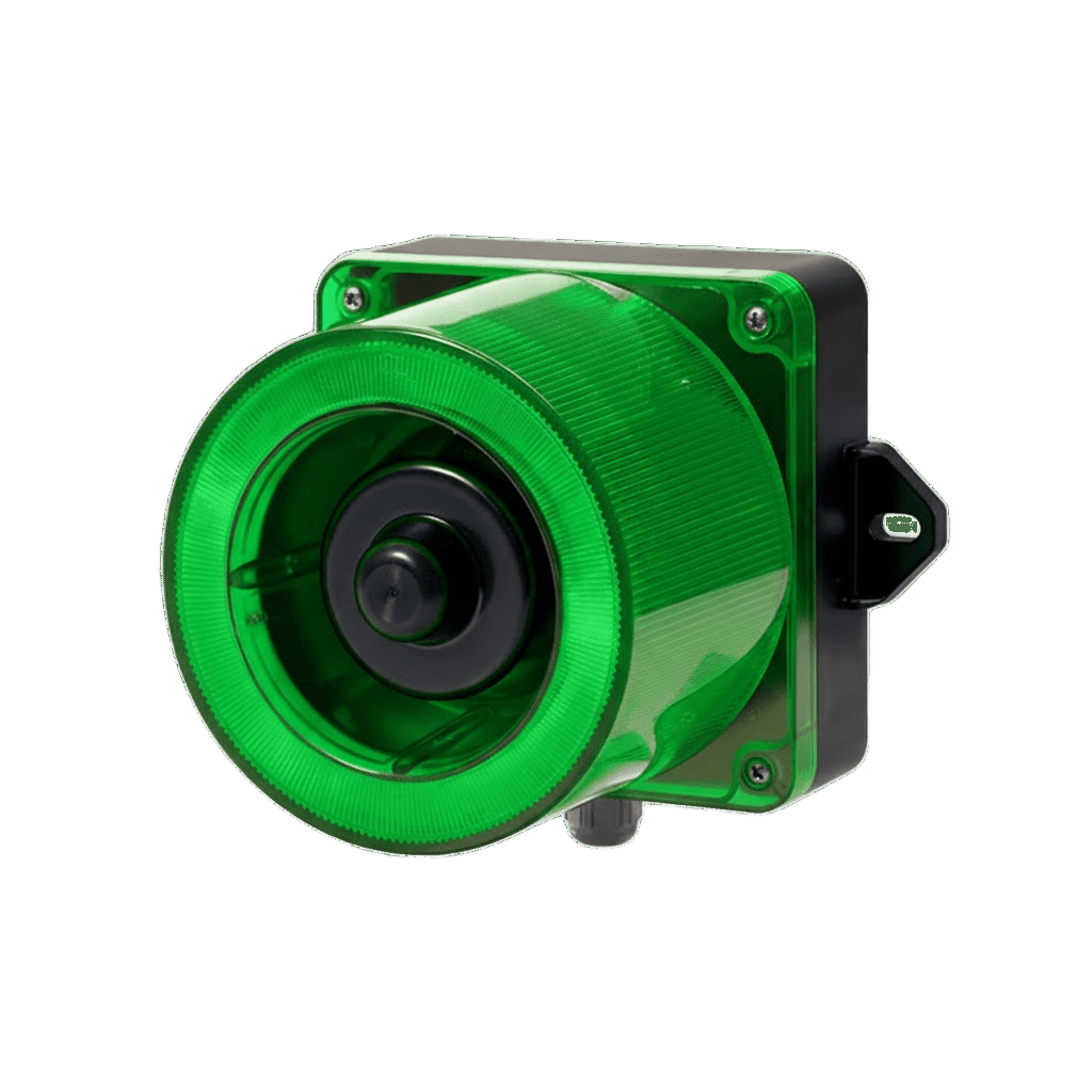 Combinación de baliza LED color Verde y sirena electrónica de 31 tonos resistente a la intemperie de volumen máx. 123 dB a 110-220 VCA