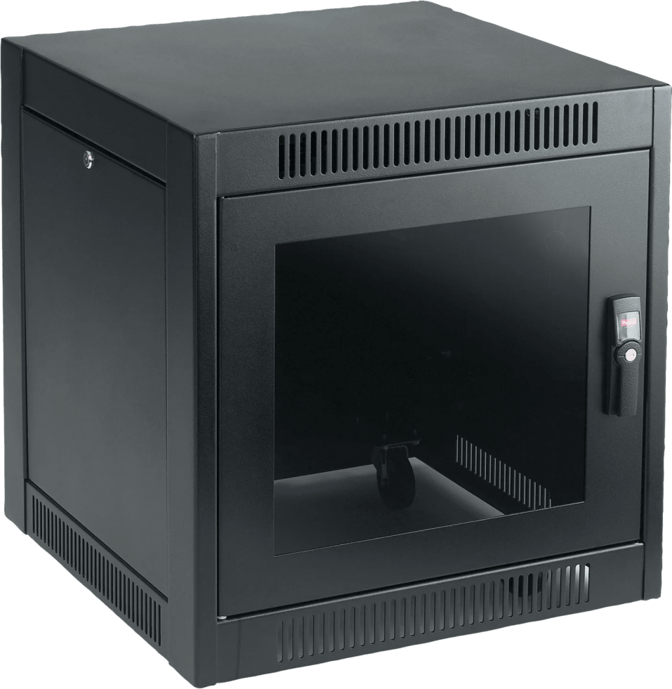 Gabinete SOHO, 11U, 700 x 600 x 600 mm, Acero Negro RAL 9005, Ruedas, Puertas Cerradas, Sistema de Enfriamiento Pasivo, Base Abierta con Respiro, Montaje Bajo Escritorio