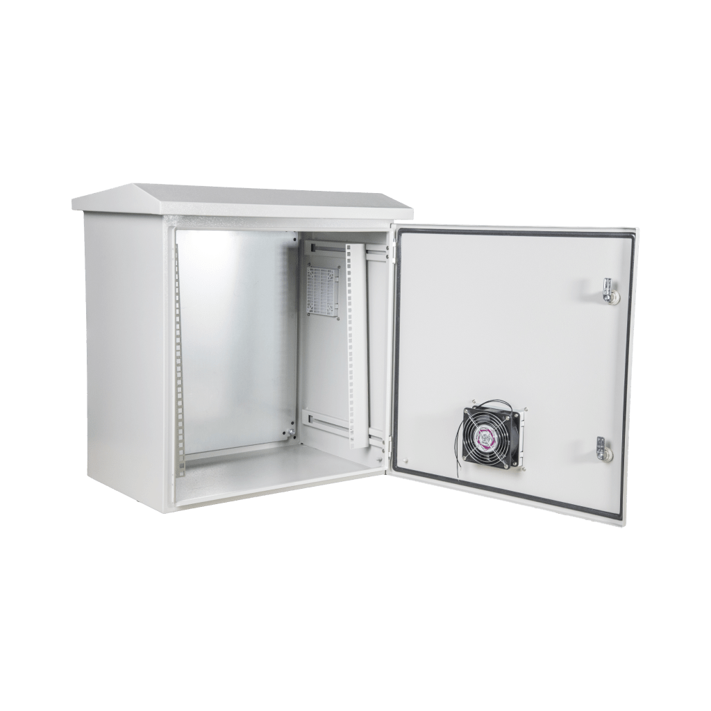 Kit Gabinete Ventilado de Acero, Montaje Rack 19" 11U, IP55 Uso en Exterior (593 x 609 x 399 mm) con Placa Trasera Interior Metálica y Compuerta Inferior Atornillable. Incluye Ventilador, Ventilas, filtros, Terminal de Tierra Física, Ch