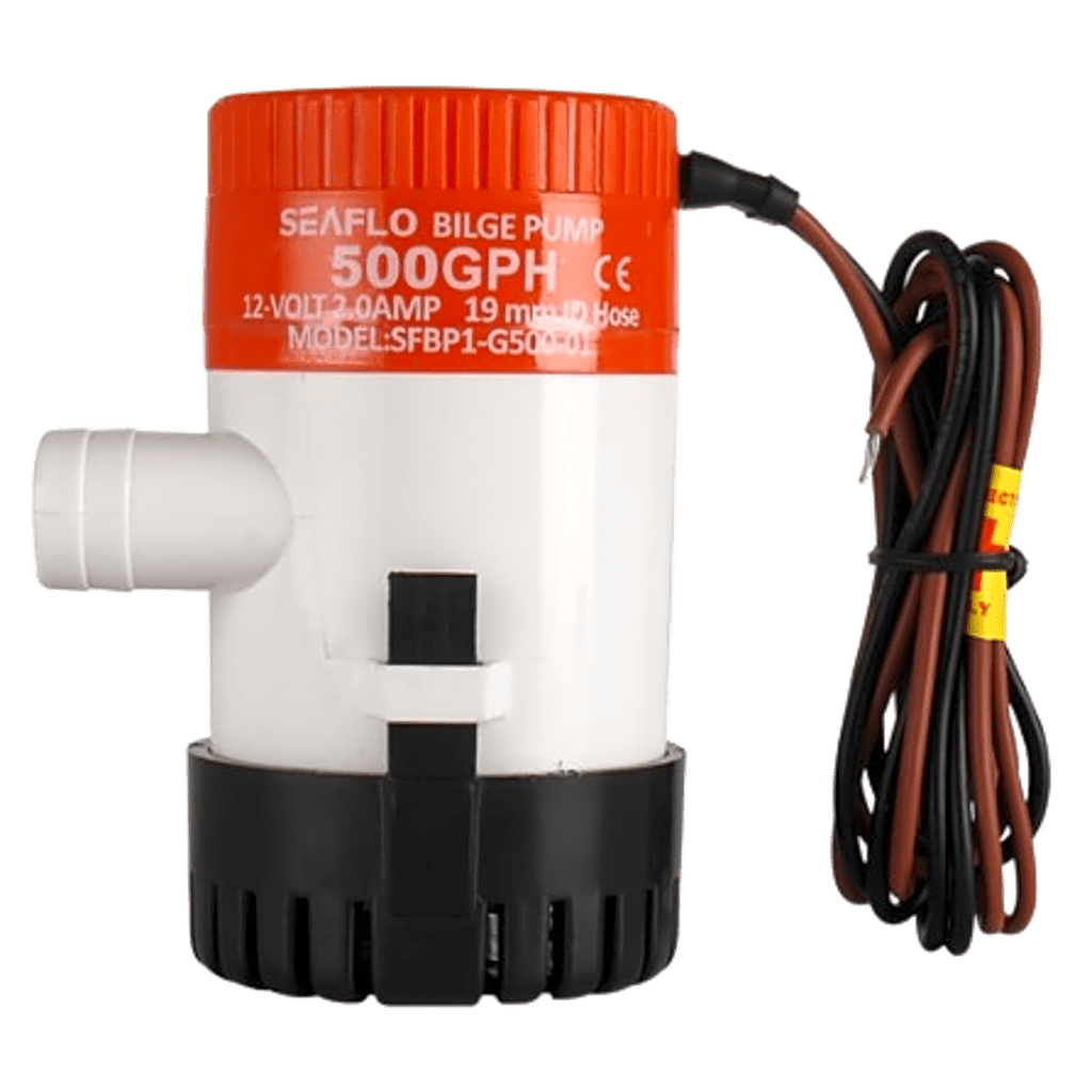 Bomba de Achique Marina Sumergible Eléctrica 12V / 500 GPH / No Automática / Protección Anti-Aire / Sellos Herméticos / Cableado Marino / Base de Filtro Removible
