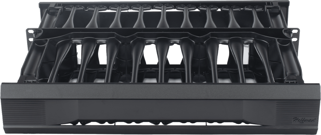 Organizador de Cable Horizontal 1U, Un Solo Lado, 19 Pulgadas, Material Compuesto Negro, Postes de Alta Resistencia, Puntas de Flecha, Montaje Sin Herramientas, Compatible Cat 5e/6/6A, Capacidad Máxima 66 Cables, Cubierta con Bisagra Desmontable