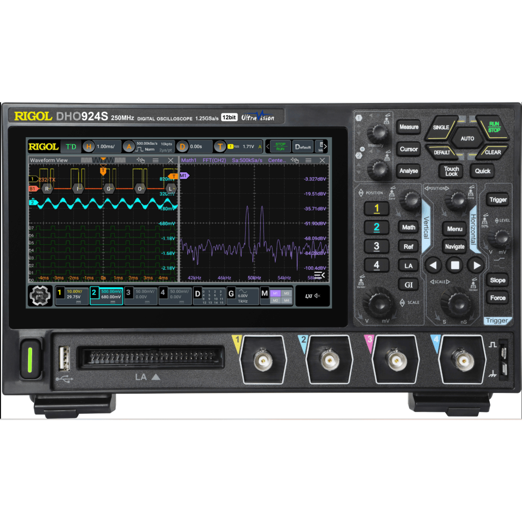 Osciloscopio Digital Rigol de 4 Canales Análogos, 250 MHz de Ancho de Banda Análoga, Vel. de Muestreo-Tiempo Real de 1.25 GS/s. con Generador de Audio (AFG)