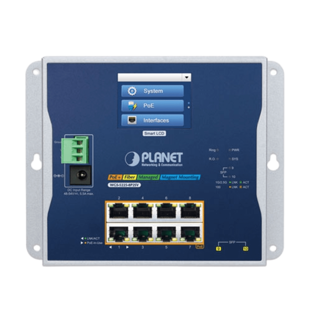 Switch Industrial Flat-Type 8 Puertos Gigabit C/PoE 802.3at, 2 Puertos SFP, LCD