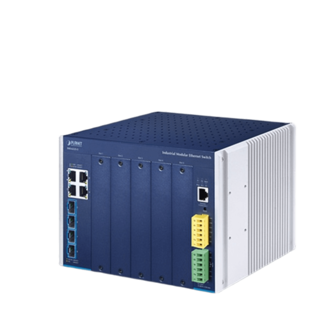 Switch Modular Industrial Capa 3 / 5 Slots / 4 Puertos Gigabit RJ45 / 4 Puertos SFP+ 10G / Rango de Temperatura -40~75°C / Entrada de Potencia Redundante 12-48V / Soporte IPv6/IPv4