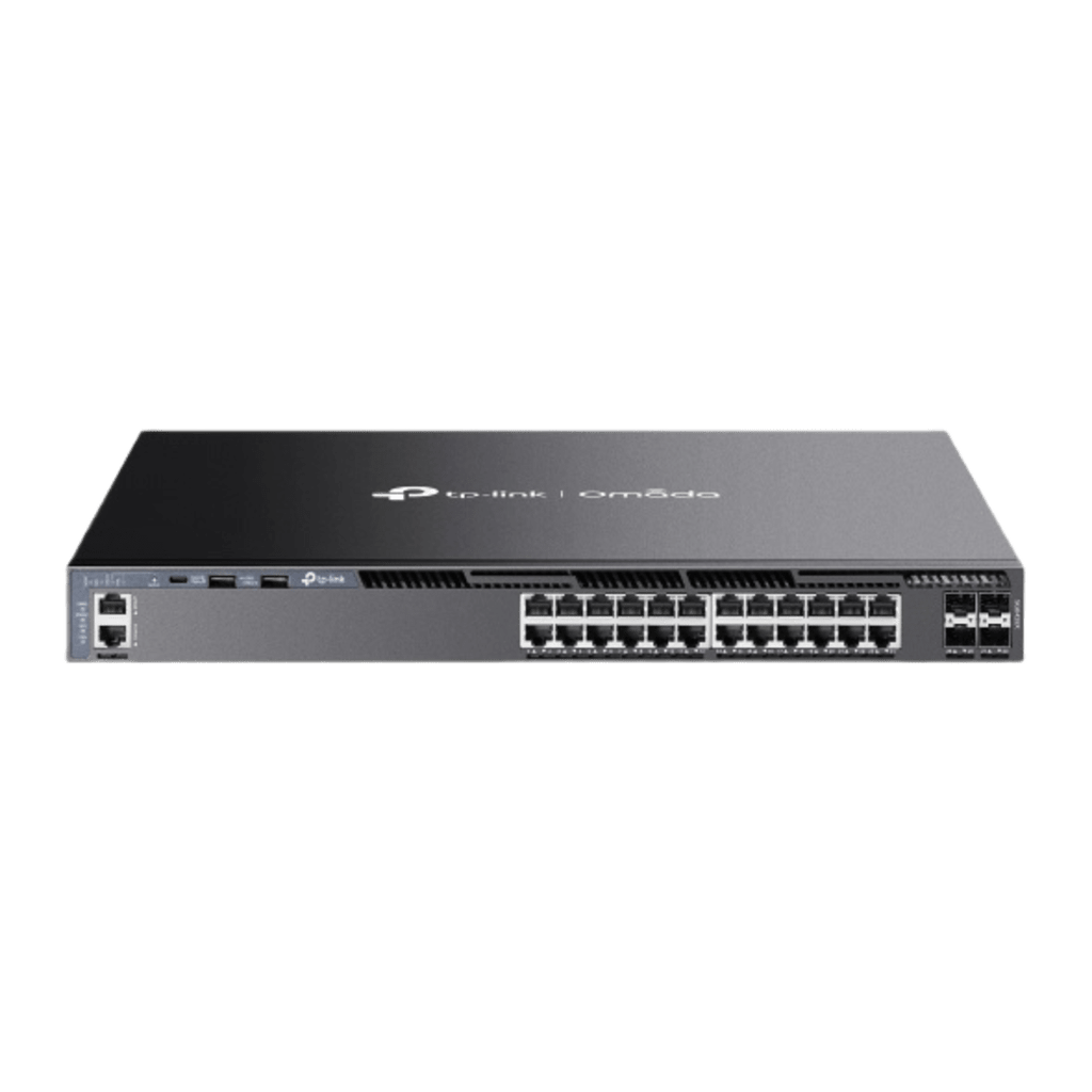 Switch Omada L3 SDN Administrable / 24 puertos Gigabit y 4 puertos SFP+ / Funciones RIP, VRRP, Servidor DHCP / Administración centralizada OMADA / Fuente Redundante