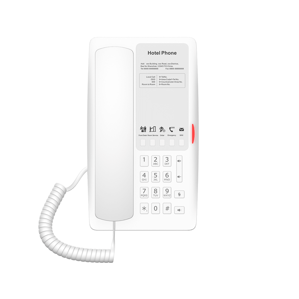 Teléfono IP para Hotelería, Puerto USB-A para Carga, 5 Teclas Programables para Servicio Rápido (Hotline), Plantilla Personalizable con PoE