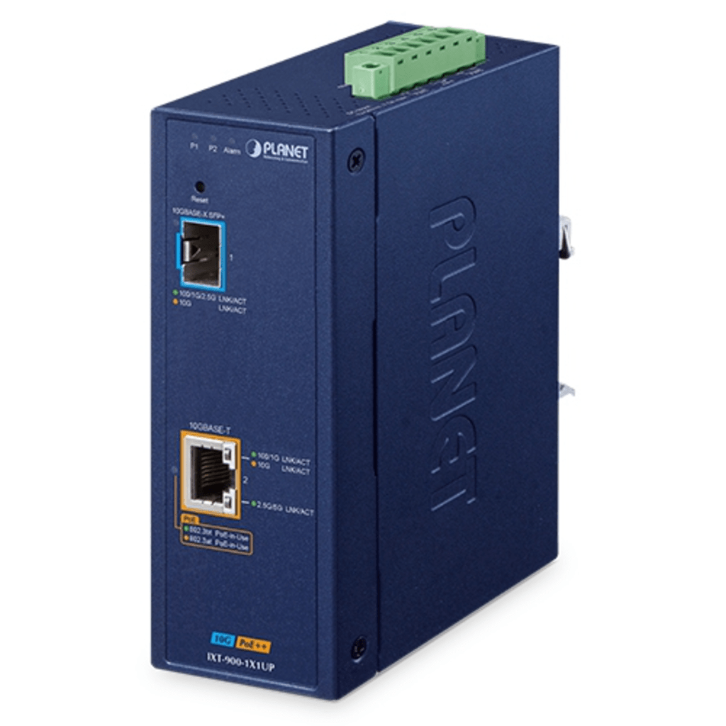 Convertidor de Medios PoE Industrial / Puertos 10G SFP+ y 10GBASE-T / PoE++ 802.3bt 95W / -40 a 75°C Operación / VLAN, ERPS, QoS /Cuenta con Doble Entrada para Fuente de Alimentación 12~54V