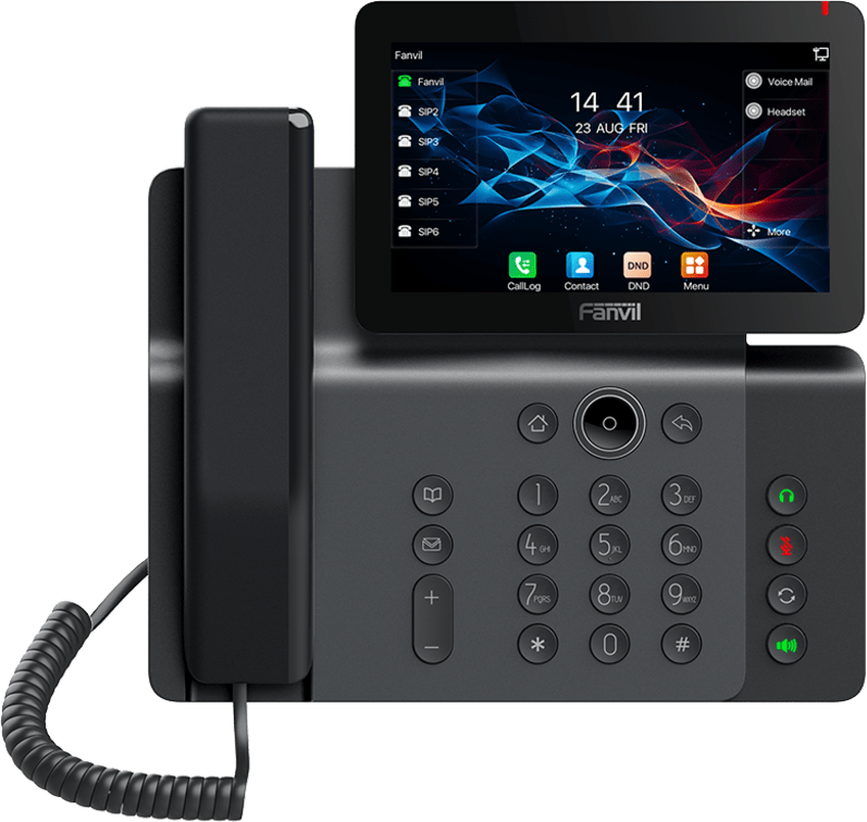 Teléfono IP Empresarial V66 Prime, Pantalla Táctil Color 7 Pulgadas, Audio HD Opus, Video 1080p, Wi-Fi 6, Bluetooth 5.4, 20 Líneas SIP, 6-Way Conference, PoE, Material Antibacterial