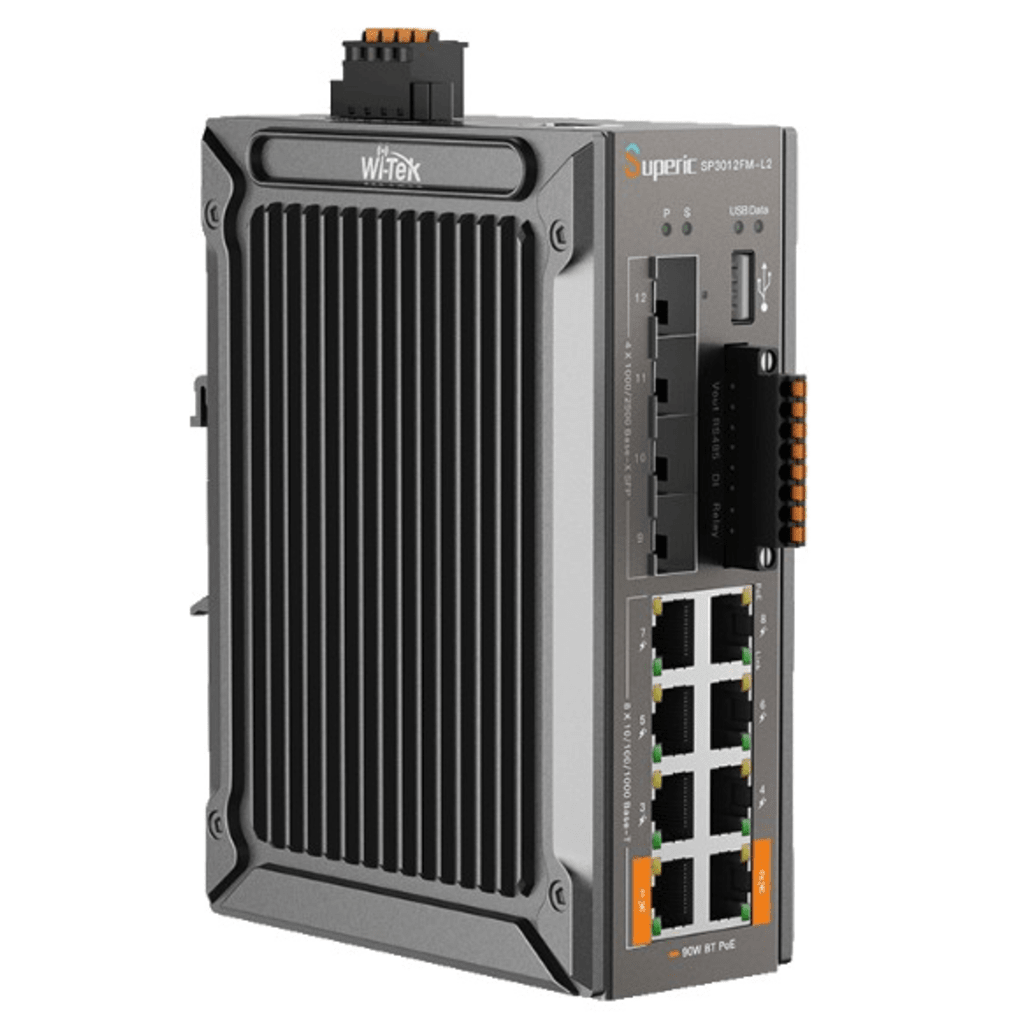 Switch de Red SP3012FM-L2(V3) / 8 Puertos 10/100/1000Mbps PoE / 4 Puertos SFP 1000M/2.5Gbps / Capacidad de Conmutación 36Gbps / Alimentación Dual DC / Instalación DIN-rail, Pared o Escritorio / Certificaciones CE, FCC, RoHS, UKCA, RCM