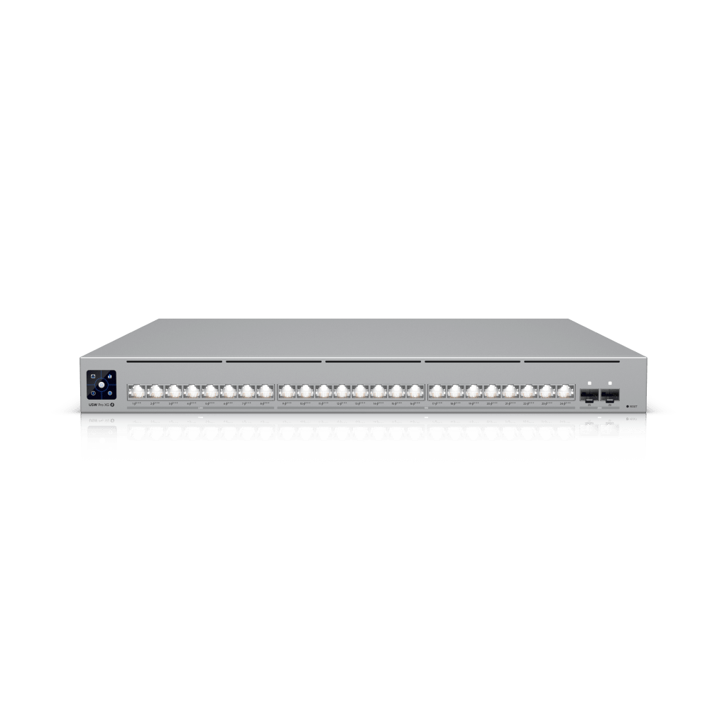 UniFi Switch USW-Pro-XG-24-PoE / Capa 3 / 24 puertos PoE+++ (16 × 10 GbE, 8 × 2,5 GbE) + 2 puertos SFP28 25 G / 720 W PoE total