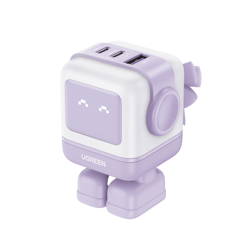 Cargador RobotGaN de 65W Serie UNO | 3 Puertos de Carga R?pida | 2 USB-C | 1 USB-A | PD 3.0 | QC 4.0 | Carga Inteligente | Tecnolog?a GaN II | Zapato Magn?tico Extra?ble | Carcasa Ign?fuga | Pantalla LED