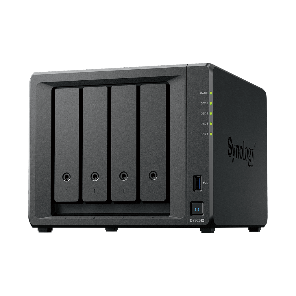 NAS DiskStation DS925+ | 4 Bahías | Expandible a 9 Bahías | 2 Puertos 2.5GbE | 2 Ranuras M.2 NVMe | AMD Ryzen V1500B | 4 GB DDR4 ECC | Hasta 565 MB/s Escritura Secuencial | Compatible con RAID | Synology DSM.