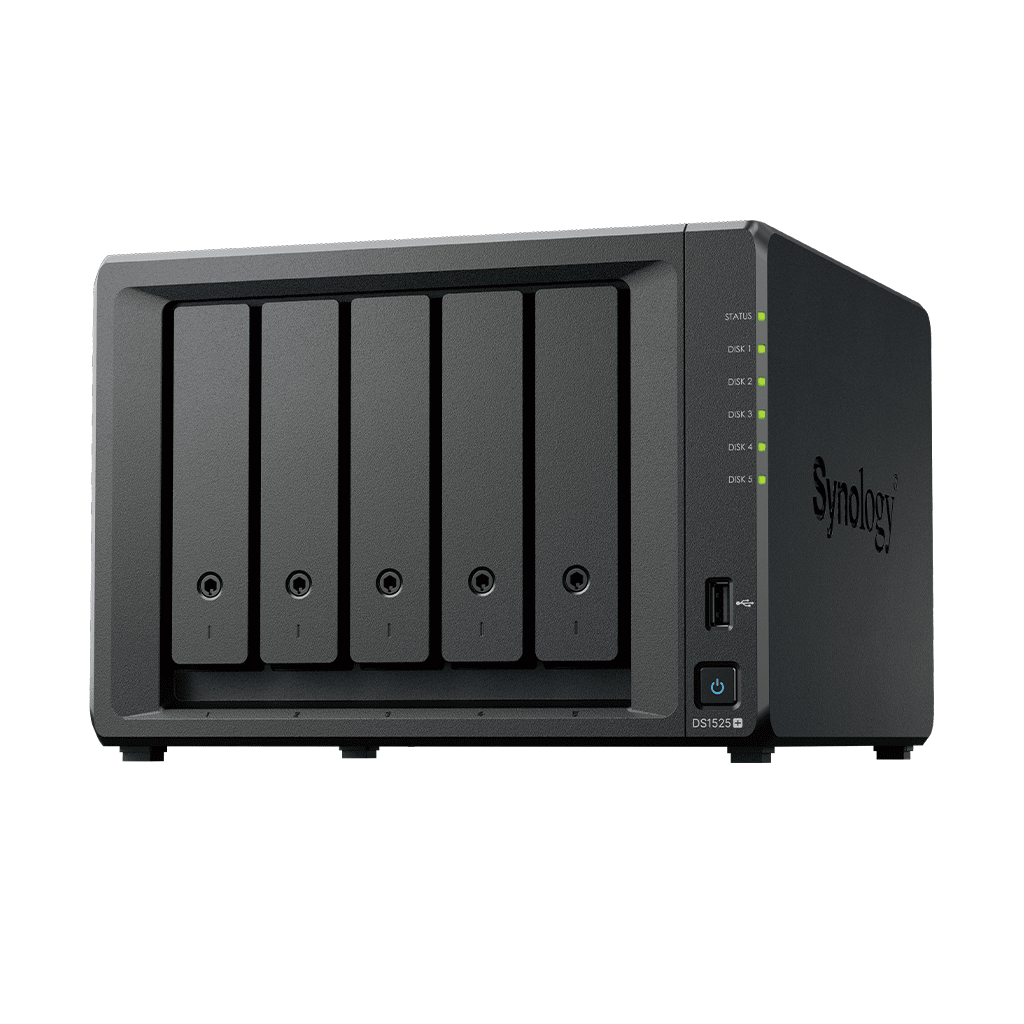 NAS DiskStation DS1525+ | 5 Bahías | Expansión hasta 15 Bahías | 2 Puertos 2.5GbE | Soporte 10GbE | Almacenamiento en Caché SSD | Hasta 300 TB de Capacidad | Compatible con Virtualización y Vigilancia.