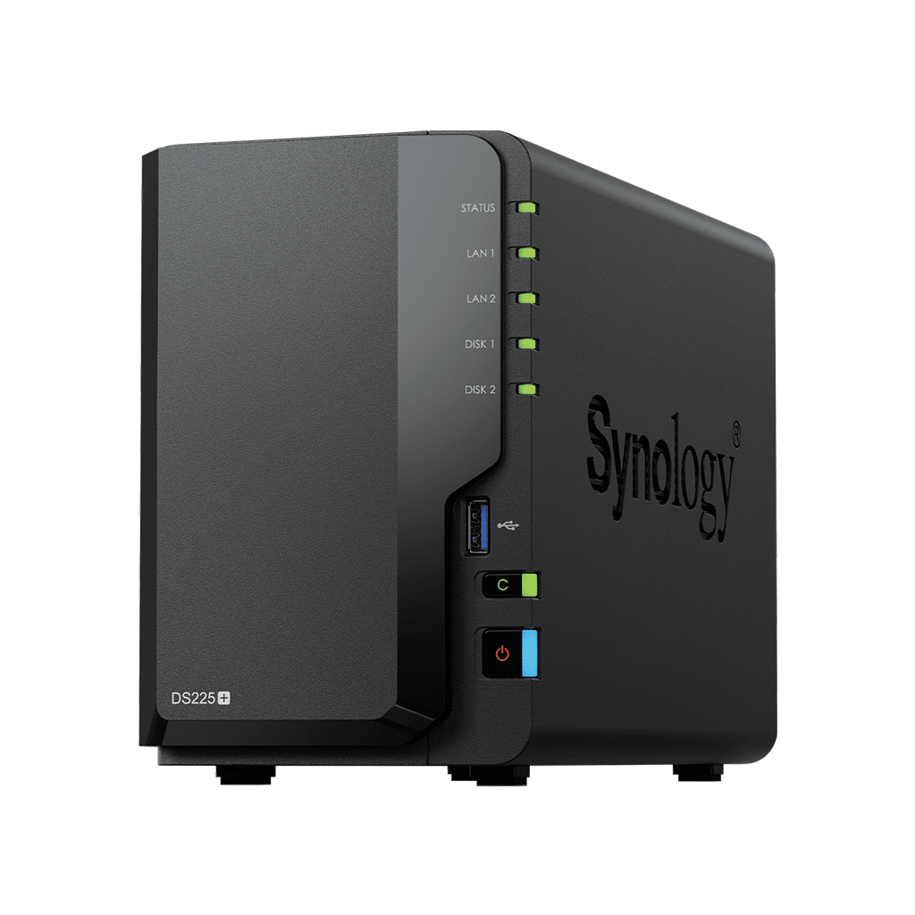 NAS DiskStation DS225+ | 2 Bahías | Intel Celeron J4125 | 2 GB DDR4 | Hasta 40 TB | Puertos 1GbE y 2.5GbE | USB 3.2 Gen 1 | Compatible con RAID | Synology DSM.