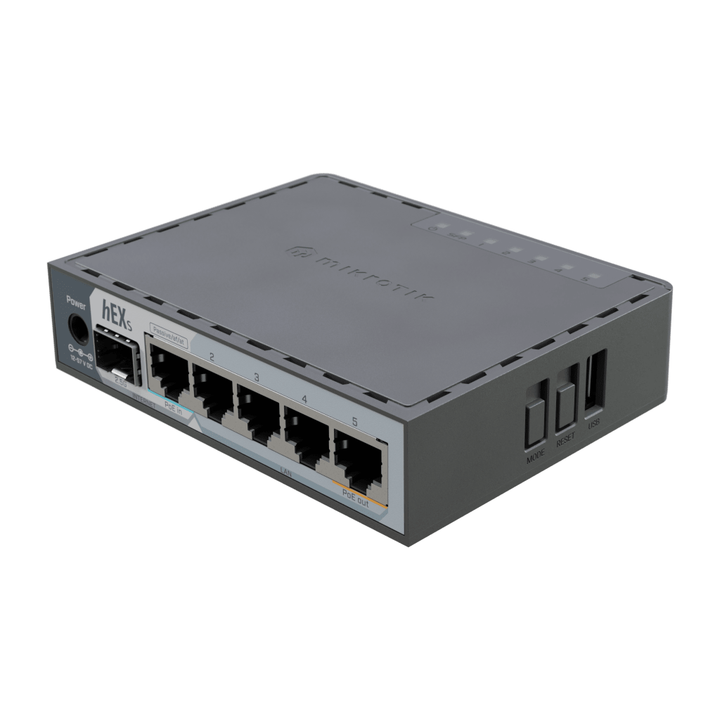 Router hEX S / 5 Puertos Gigabit Ethernet / 1 Puerto SFP 2.5G / Dual-Core ARM / 512 MB RAM / RouterOS V7 / PoE-In y PoE-Out / Montaje en Pared