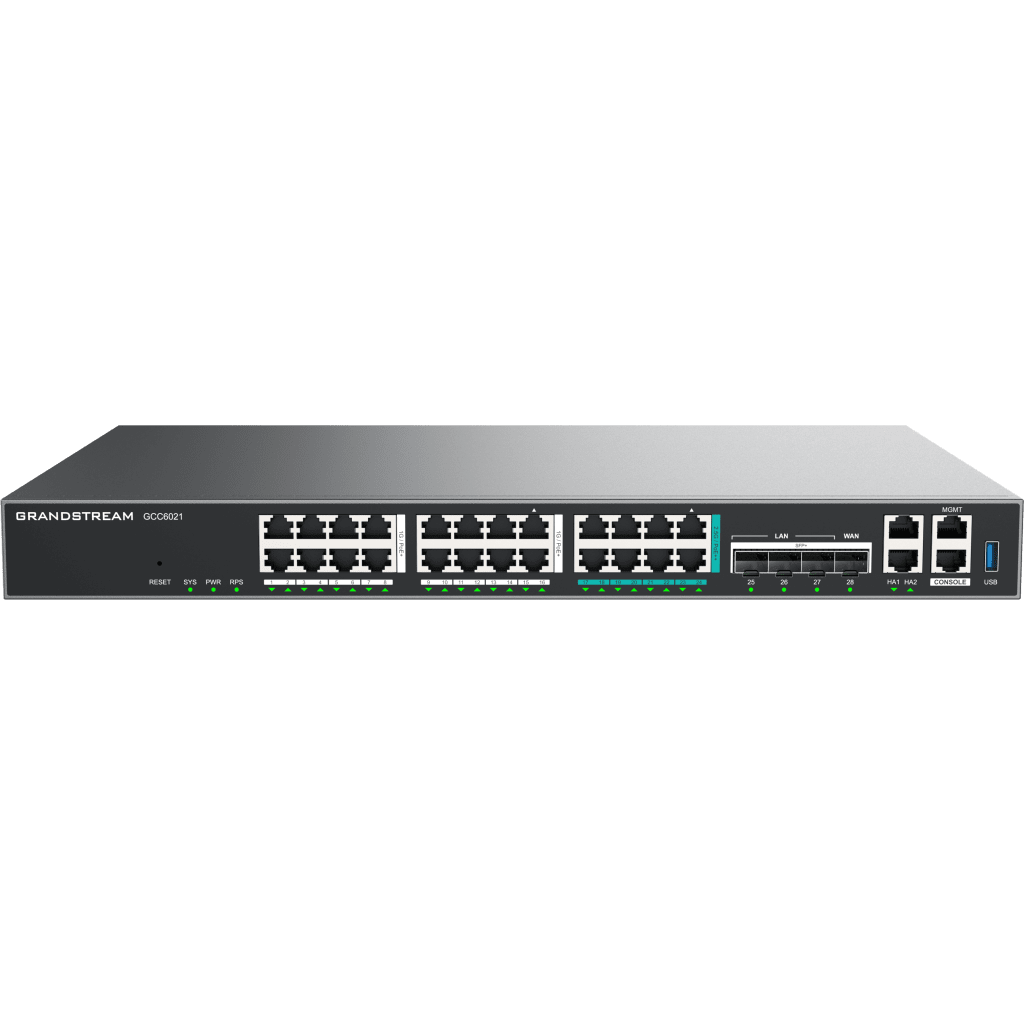 Router Todo-en-Uno GCC6021 con PBX de 50 Extensiones + Firewall + VPN + Switch de 16 Puertos GbE + 4x SFP+ 10 GbE y 8x 2.5 GbE / Gestión en la Nube con GDMS