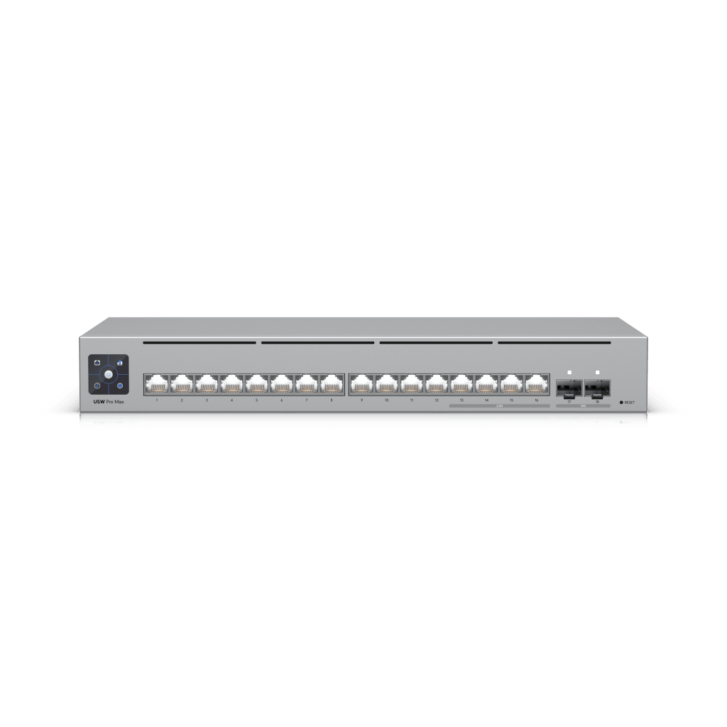 UniFi Switch Pro Max 16 con funciones Capa 3, 16 puertos EtherLight RGB / (4) puertos 2.5 GbE y (12) puertos GbE /(2) puertos SFP+ 10G /con pantalla táctil informativa