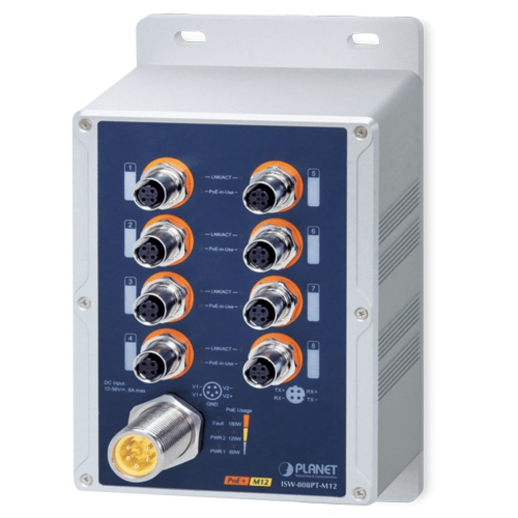 Switch Industrial IP67 8 Puertos 10/100TX M12 / IEEE 802.3at PoE+ / 180W PoE Budget / -40~75°C / Aluminio / DIN-Rail y Montaje en Pared /  Protección ESD y Sobretensiones de 6KV
