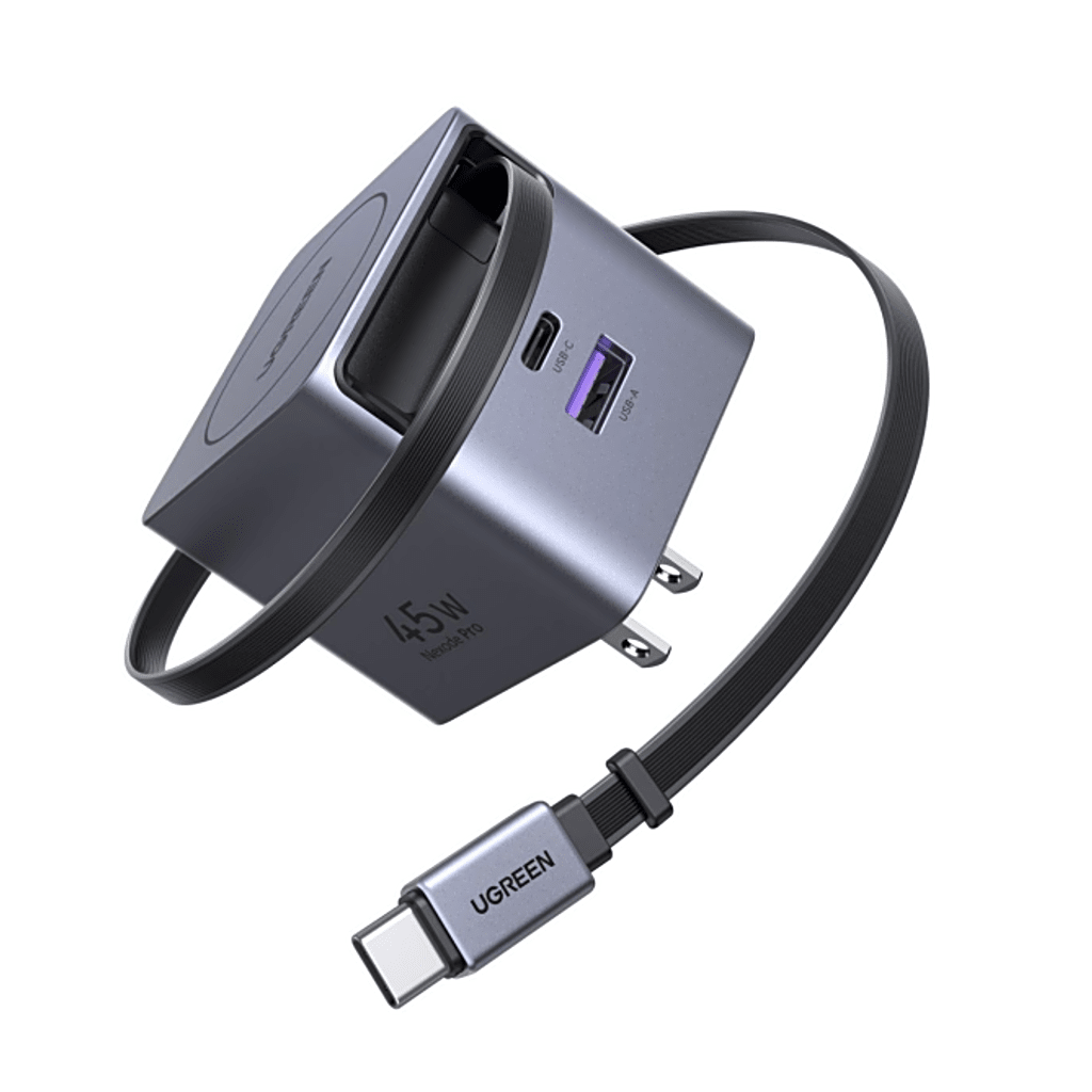 Cargador Rápido UGREEN 45W GaN / Cable Retráctil 0.7m / 3 Puertos USB-C + USB-A / Tecnología GaNInfinity 95% Eficiencia / 8 Capas Protección / Carga Simultánea 3 Dispositivos / Compacto para Viajes