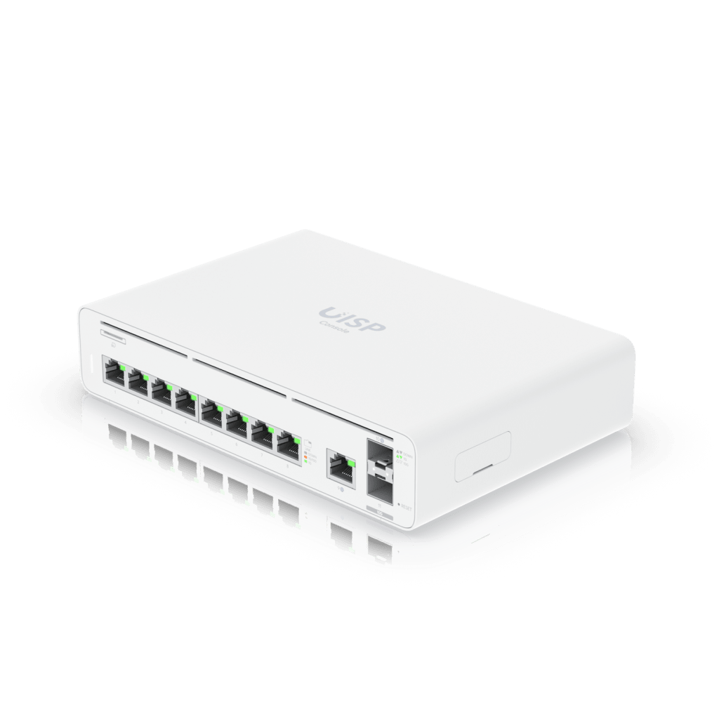 Consola UISP de Ubiquiti / Gateway y Switch de Red Gigabit / Controlador con Plataforma UISP para gestión remota de WISP (airMAX, airFiber, uFiber, LTU, edgeMAX, airCube) / 128 GB SSD / (1) WAN 1GbE / (1) WAN SFP+10G / (8) puertos LAN GbE RJ45