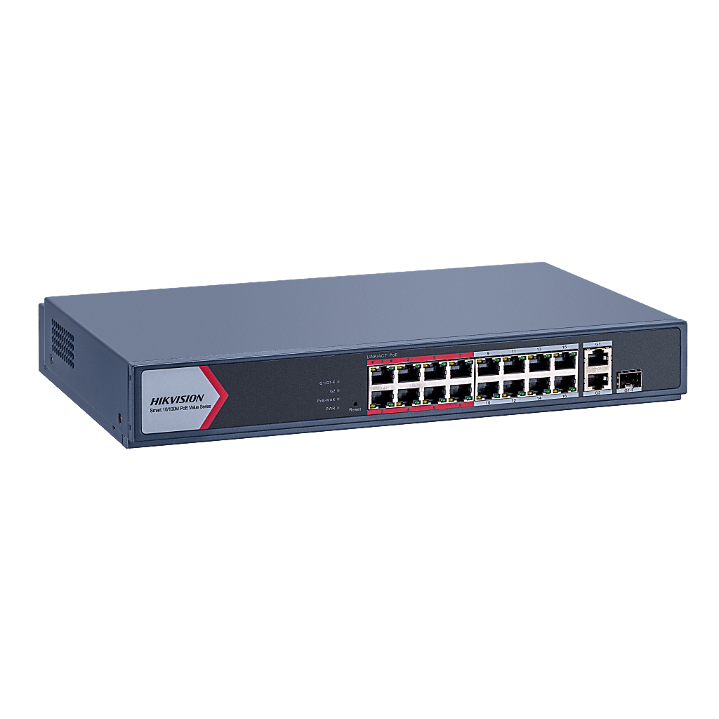 Switch PoE+ / No Administrable / 16 Puertos 10/100 Mbps PoE+ / 2 Puertos 1000 Mbps Uplink / 1 Puerto SFP Uplink / Modo Extendido hasta 300 Metros / 130 W
