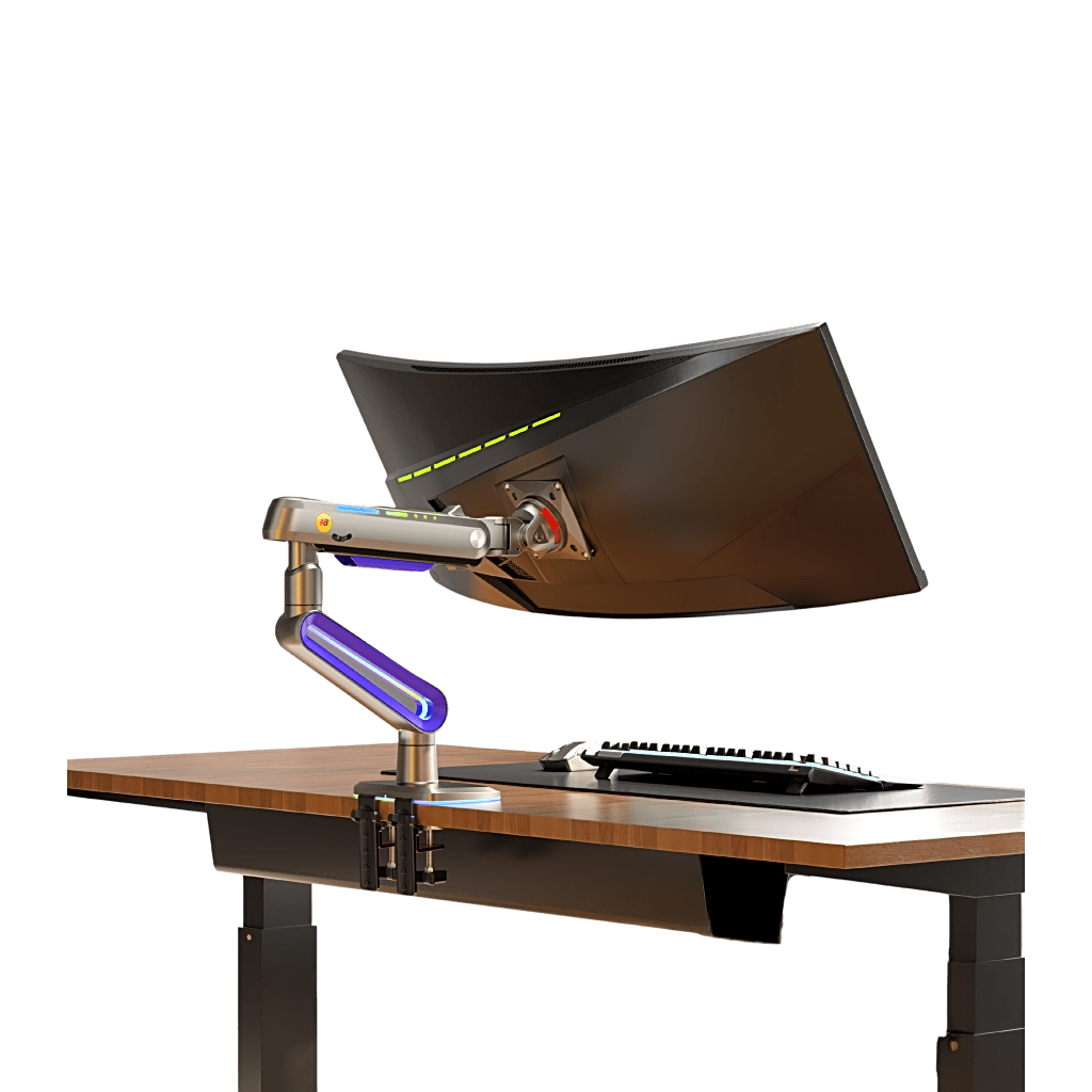 Montaje de Escritorio Ideal Para Monitores Gaming de 32"- 60" / Capacidad de Carga Maxima 20 Kg / Vesa 75 x 75 - 100 x 100 / Acero / Giro 360° / Color Carbon Mate con Cubierta Plastica Color Morado / Iluminación RGB