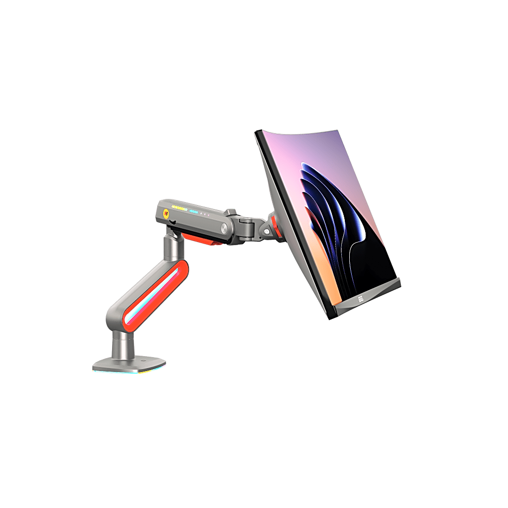 Montaje de Escritorio Ideal Para Monitores Gaming de 32"- 60" / Capacidad de Carga Maxima 20 Kg / Vesa 75 x 75 - 100 x 100 / Acero / Giro 360° / Color Carbon Mate con Cubierta Plastica Color Rojo / Iluminación RGB