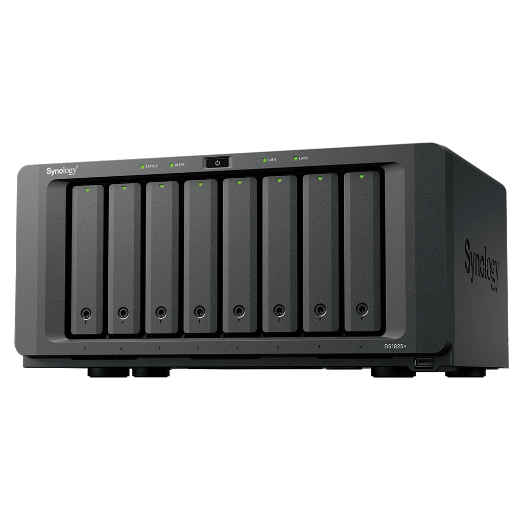 NAS DiskStation DS1825+ | 8 Bahías | AMD Ryzen V1500B | 8 GB DDR4 ECC | Hasta 2,239 MB/s Lectura | 2 Puertos 2.5GbE | Expansión PCIe 3.0 | Compatible con 10GbE y 25GbE | Caché SSD M.2 | Synology DSM.