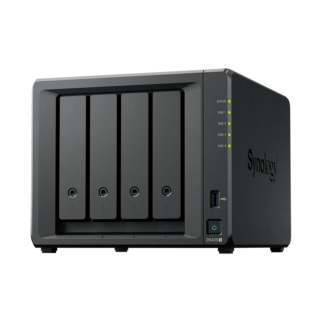 NAS DiskStation DS425+ | 4 Bahías | Intel Celeron J4125 2.7 GHz | 2 GB DDR4 / 2.5GbE + 1GbE | 2 Puertos USB 3.2 Gen 1 | 2 Ranuras M.2 NVMe | Hasta 80 TB | Synology DSM.